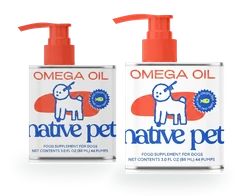 Dos latas de Native Pet Omega Oil, una girada detrás de la otra