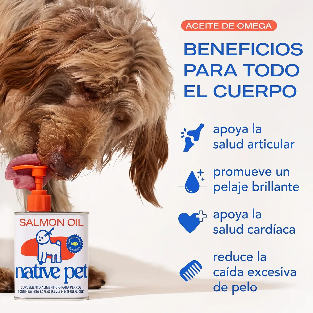 Perro con pelaje sano lamiendo el dispensador del aceite OmegaPet; iconos de sus 4 beneficios: articulaciones, pelaje brillante, corazón y menos caída de pelo