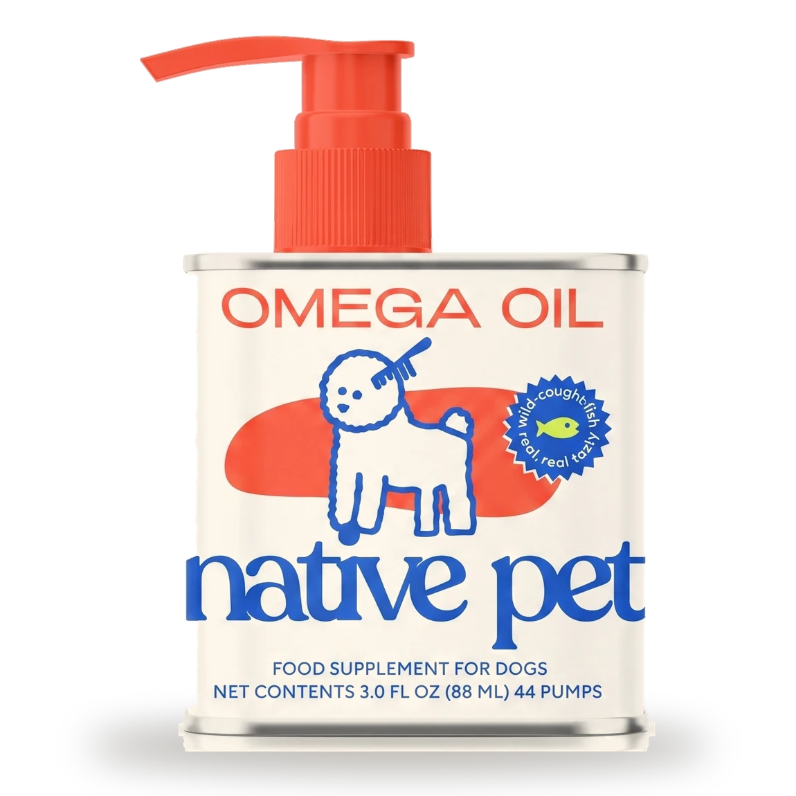 Lata de Native Pet Omega Oil de 88 ml, etiqueta blanca con el título OMEGA OIL en rojo y el dosificador de bomba coral