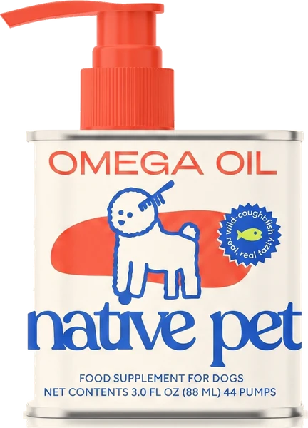 Lata de Native Pet Omega Oil de 88 ml con dosificador de bomba, etiqueta blanca con el título OMEGA OIL en rojo
