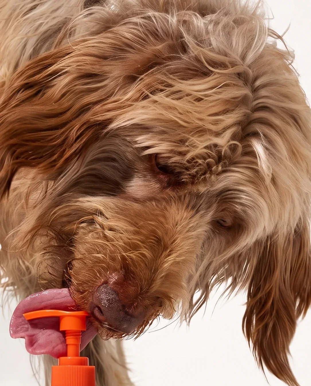 Perro de pelo largo y denso, sin caspa, que se acerca por su cuenta a la boquilla del dosificador