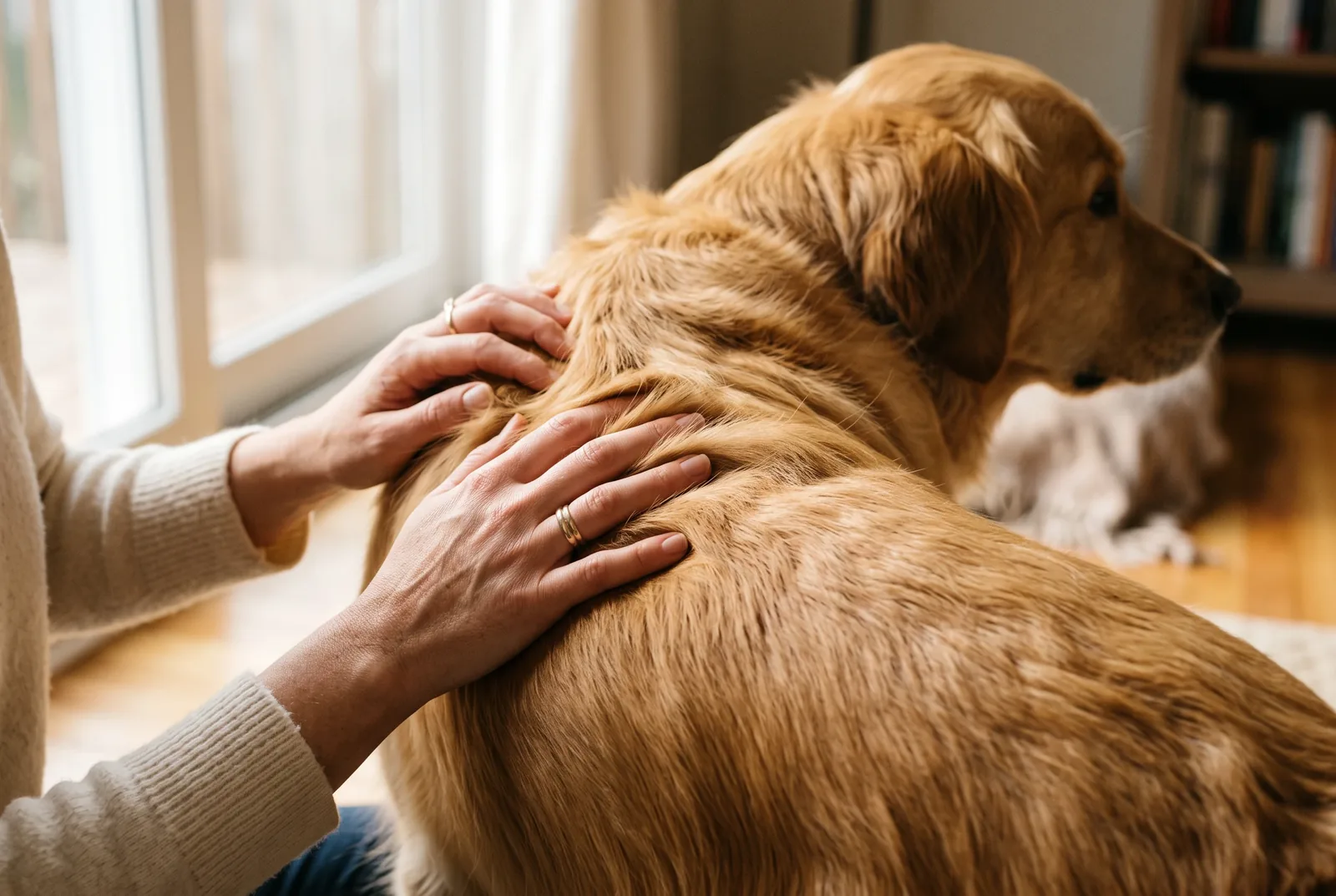 Dos manos recorren el lomo de un Golden Retriever de pelaje brillante, junto a la ventana de una sala