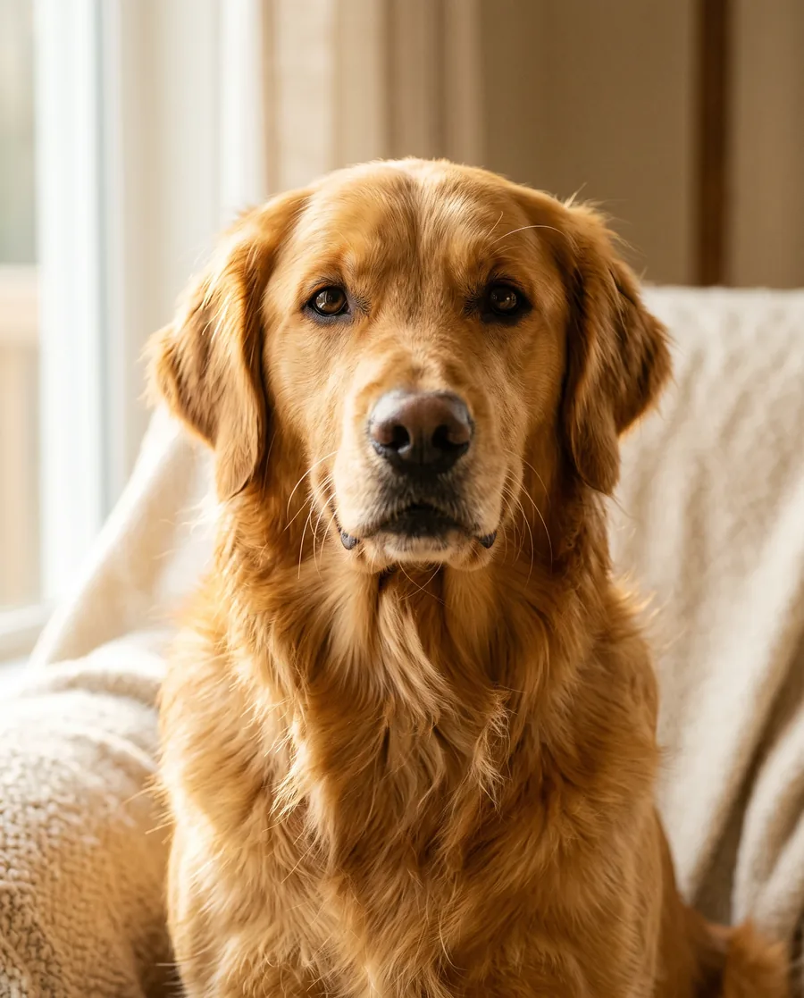Golden Retriever de frente, sentado junto a la ventana, con el pelaje largo y con brillo