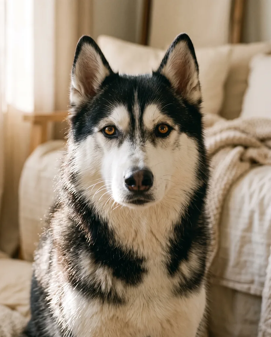 Husky de frente, sentado en una sala, con el pelaje doble denso a contraluz