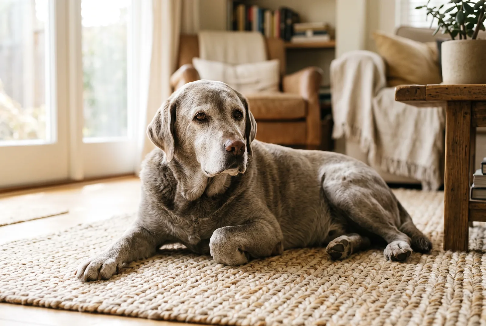 Labrador mayor de hocico canoso, echado y cómodo sobre una alfombra de fibra natural